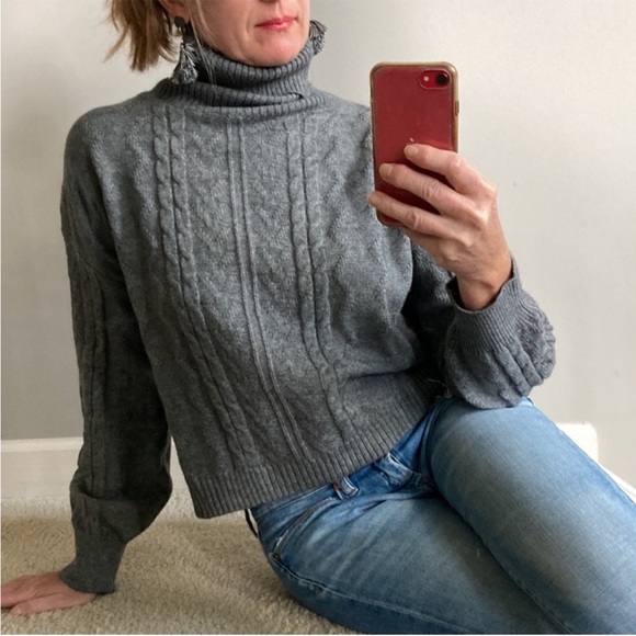 Sweaters - Grey Cable Knit Cropped Turtleneck Sweater